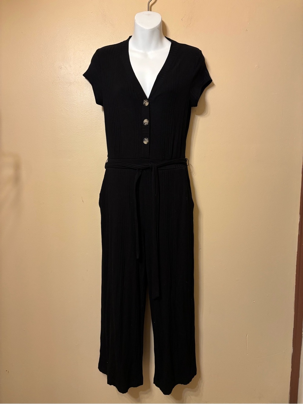 Banana Republic Black Short-Sleeve V-Neck Jumpsuit with Waist Tie